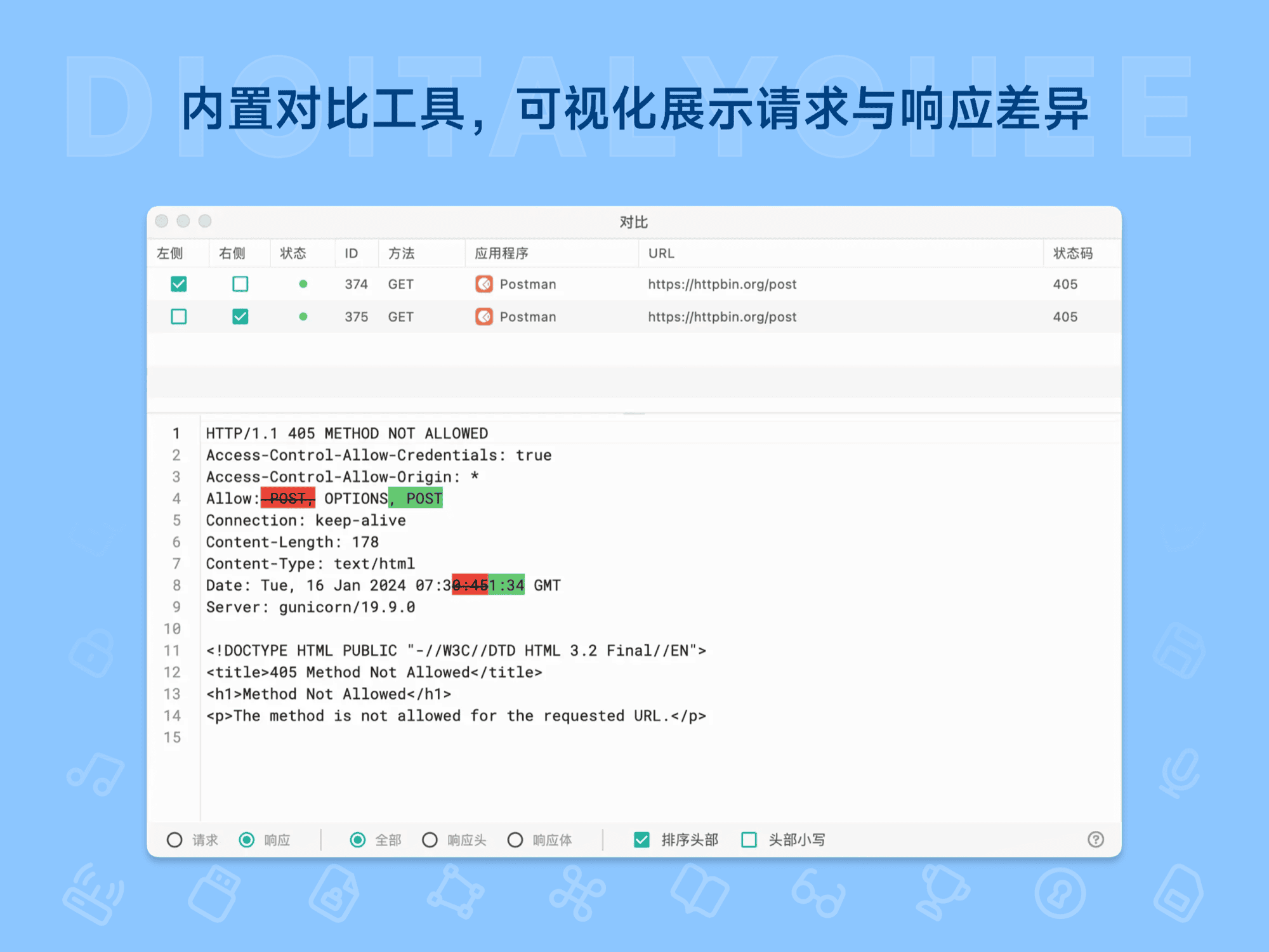 Reqable: 内置对比工具，可视化展示请求与响应差异
