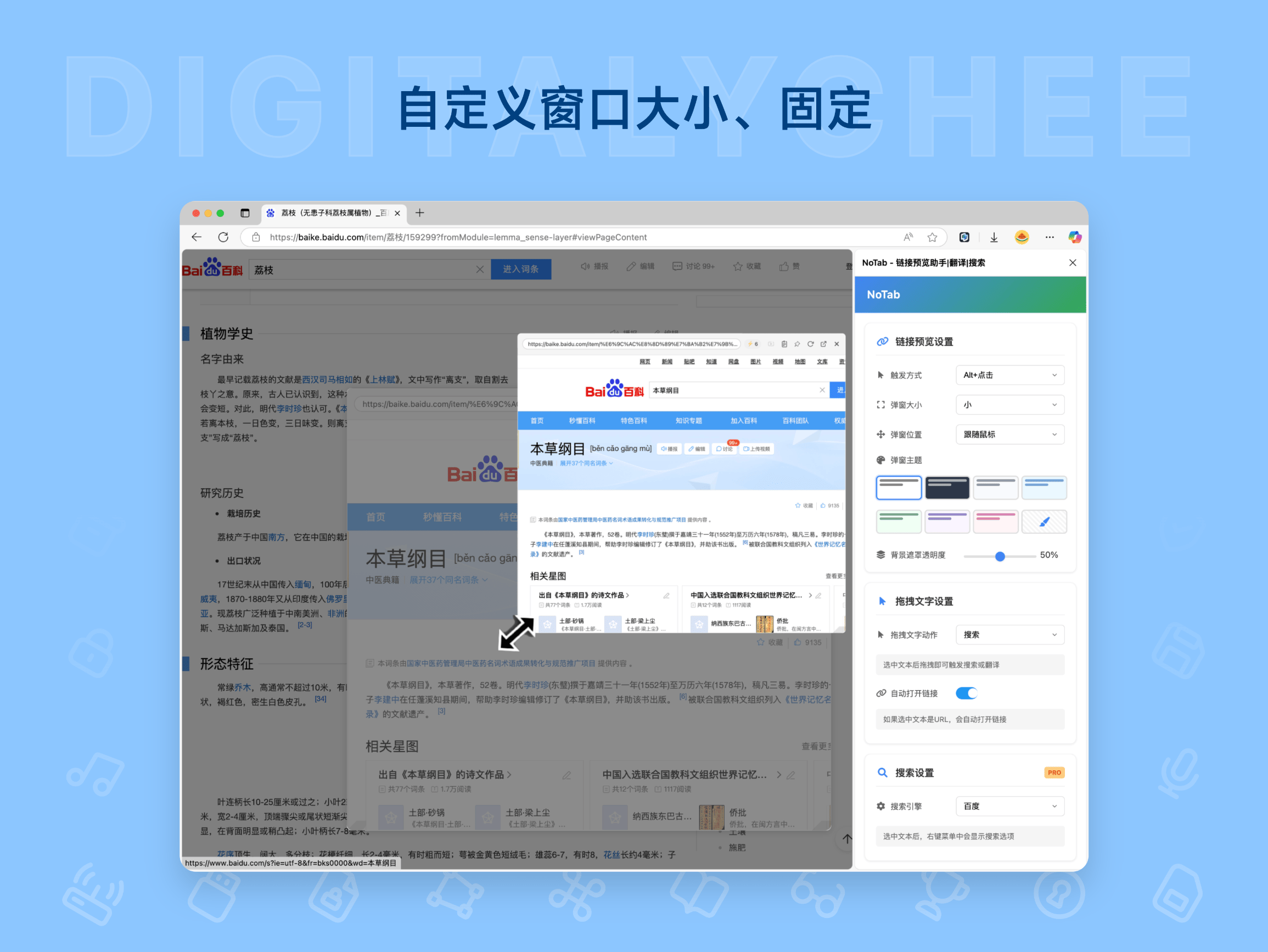 NoTab: 自定义窗口大小、固定
