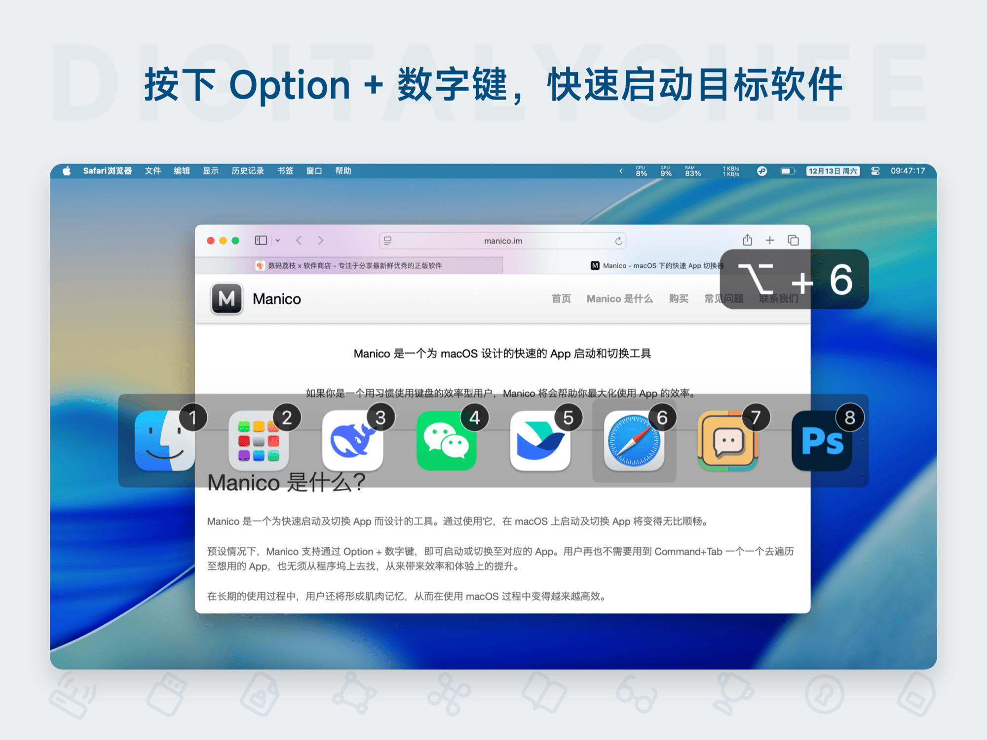 Manico: 按下 Option + 数字键，快速启动目标软件