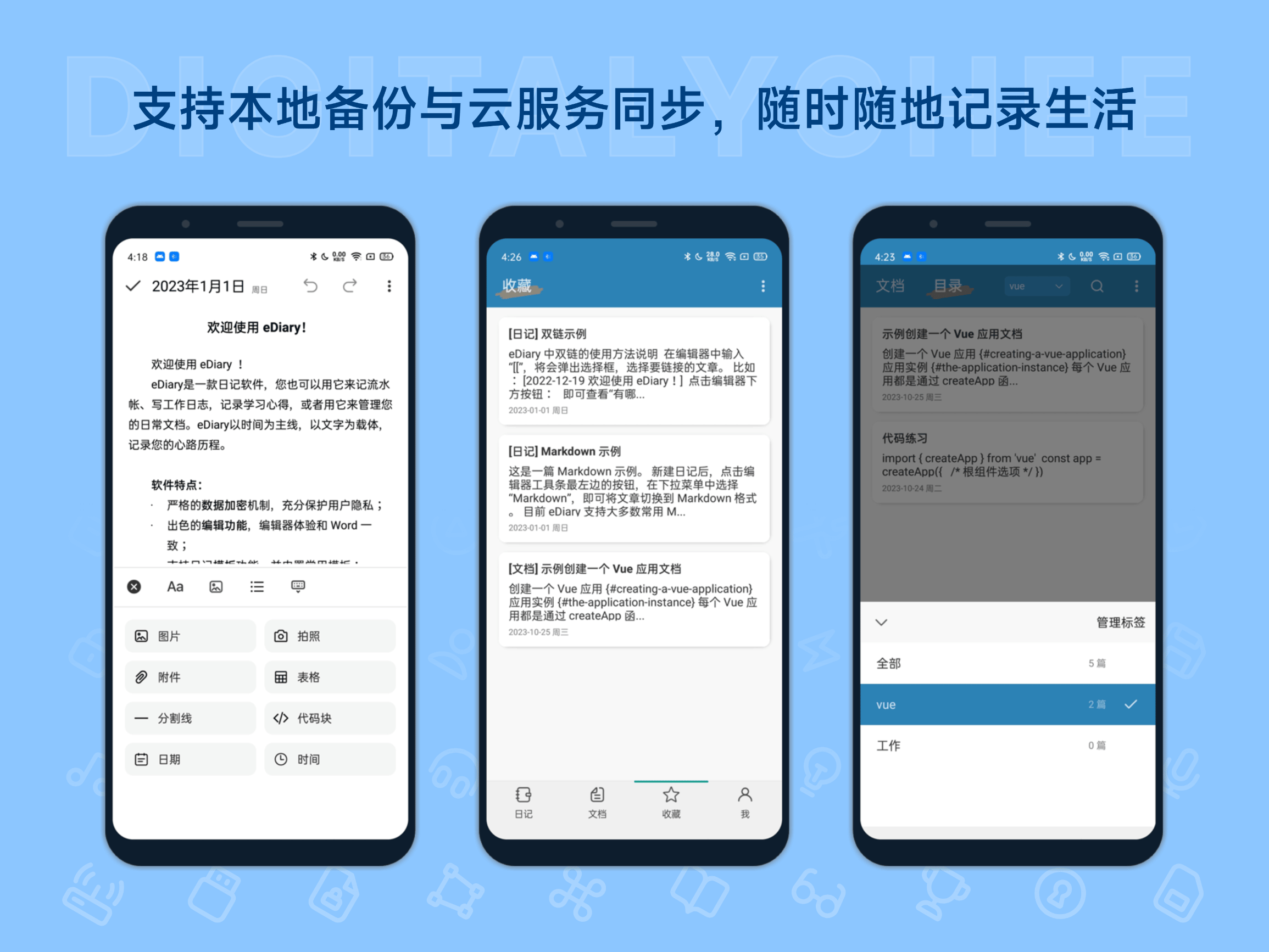 eDiary: 支持本地备份与云服务同步，随时随地记录生活