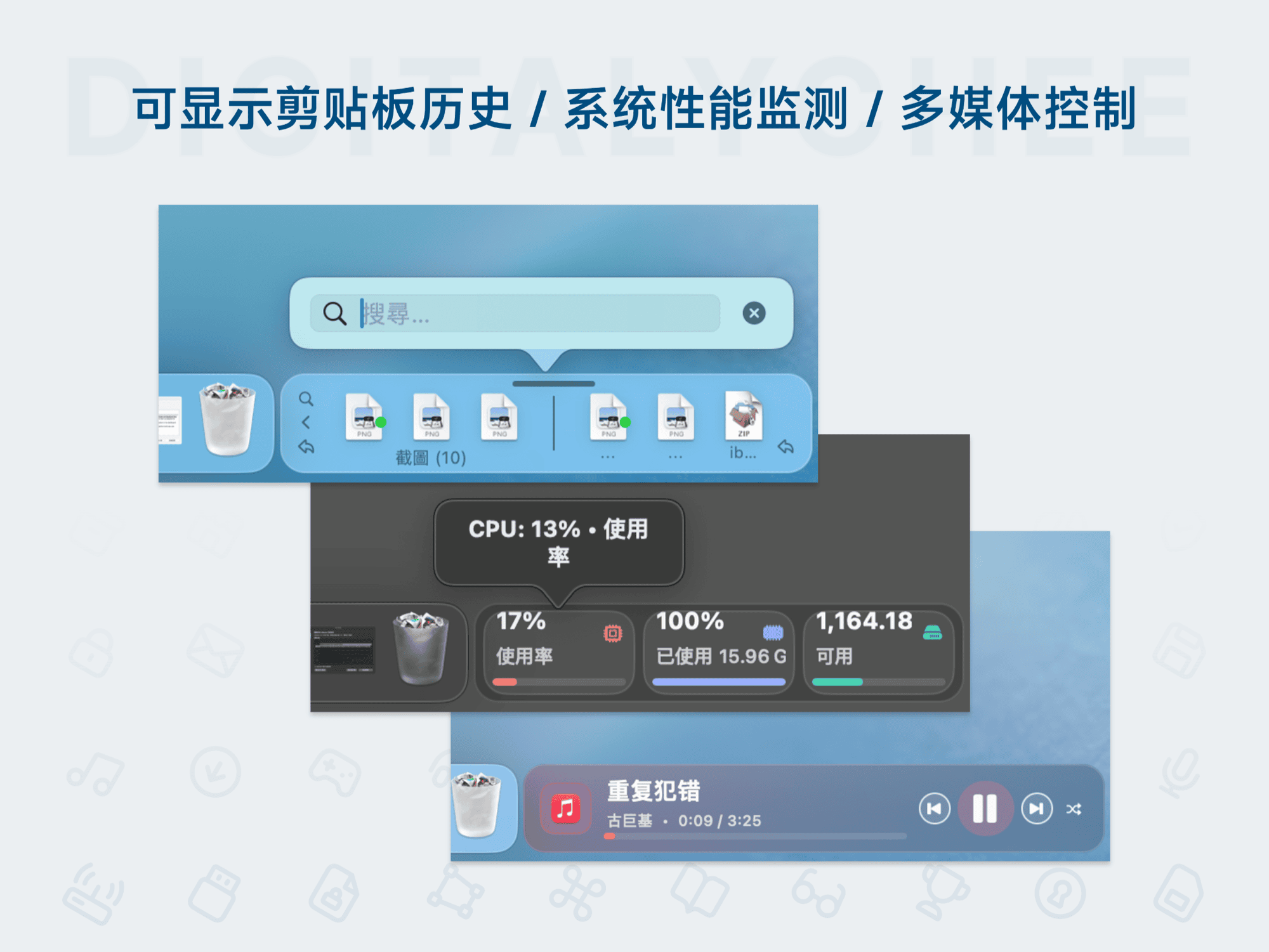 Dockside: 可显示剪贴板历史 / 多媒体控制 / 系统性能监测