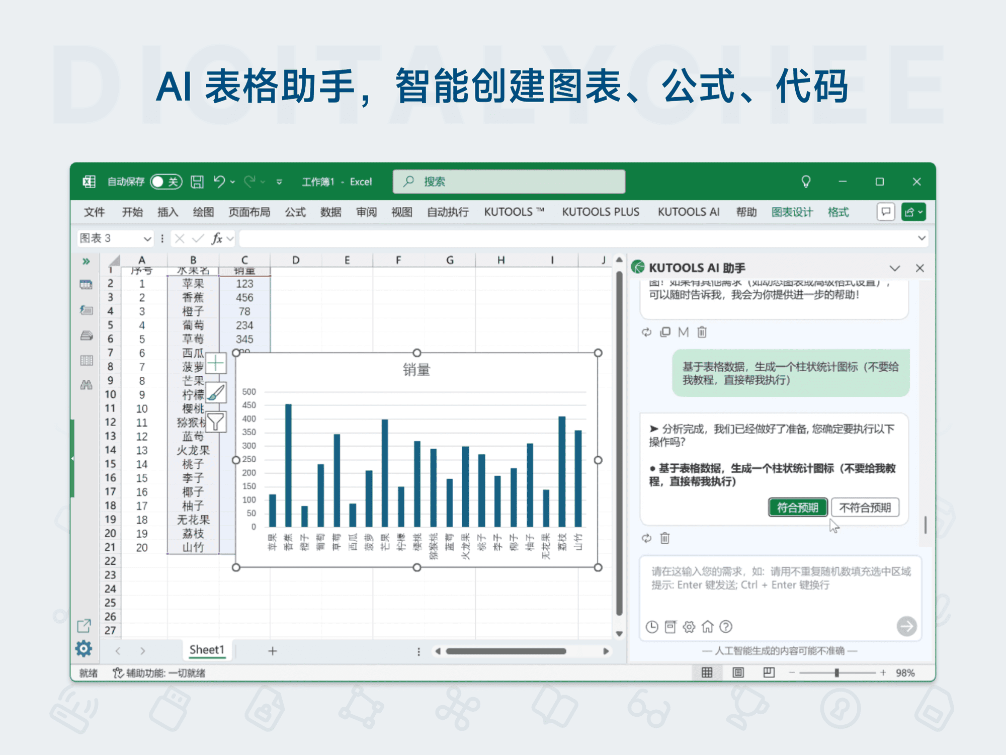 Kutools for Excel: Al 表格助手，智能创建图表、公式、代码