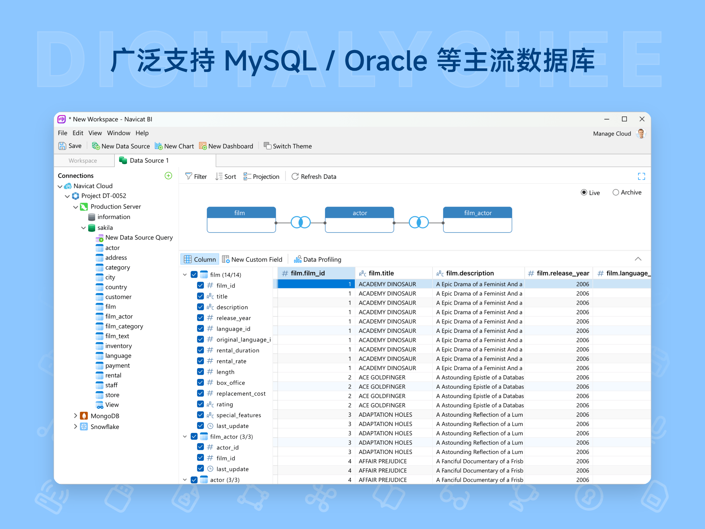 Navicat BI: 广泛支持 MySQL / Oracle 等主流数据库