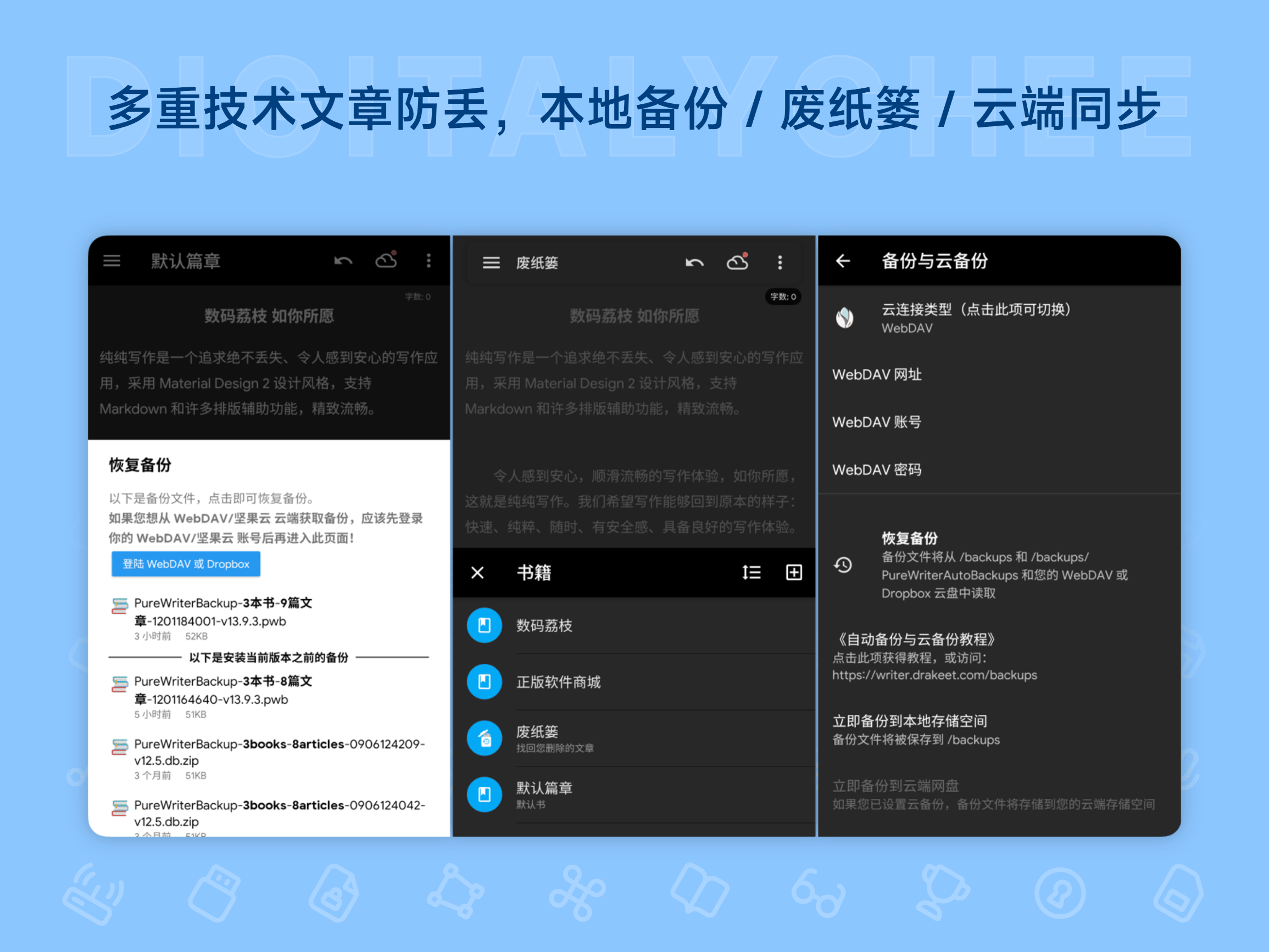 纯纯写作: 多重技术文章防丢，本地备份 / 废纸篓 / 云端同步