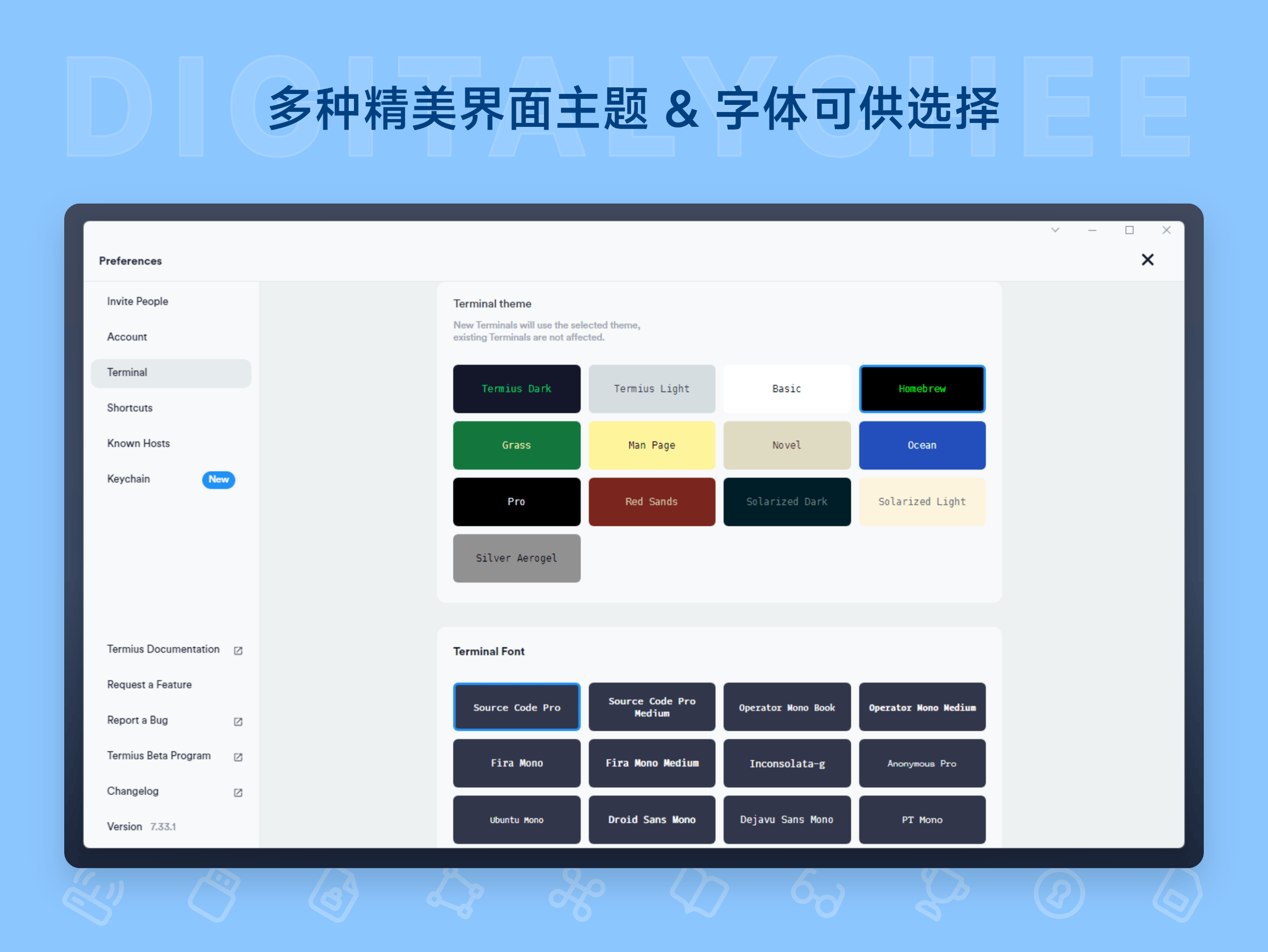 Termius: 多种精美界面主题 & 字体可供选择