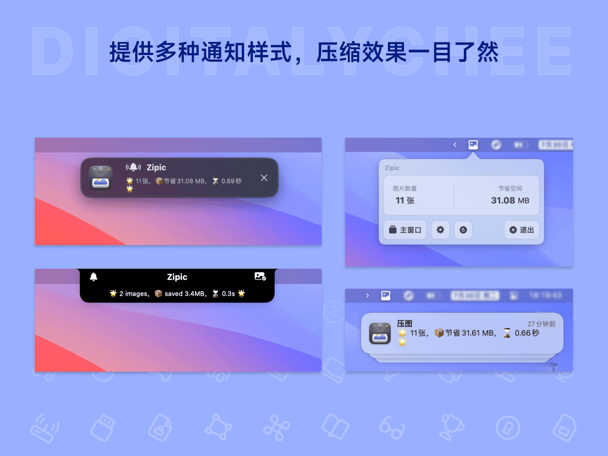 Zipic: 提供多种通知样式，压缩效果一目了然