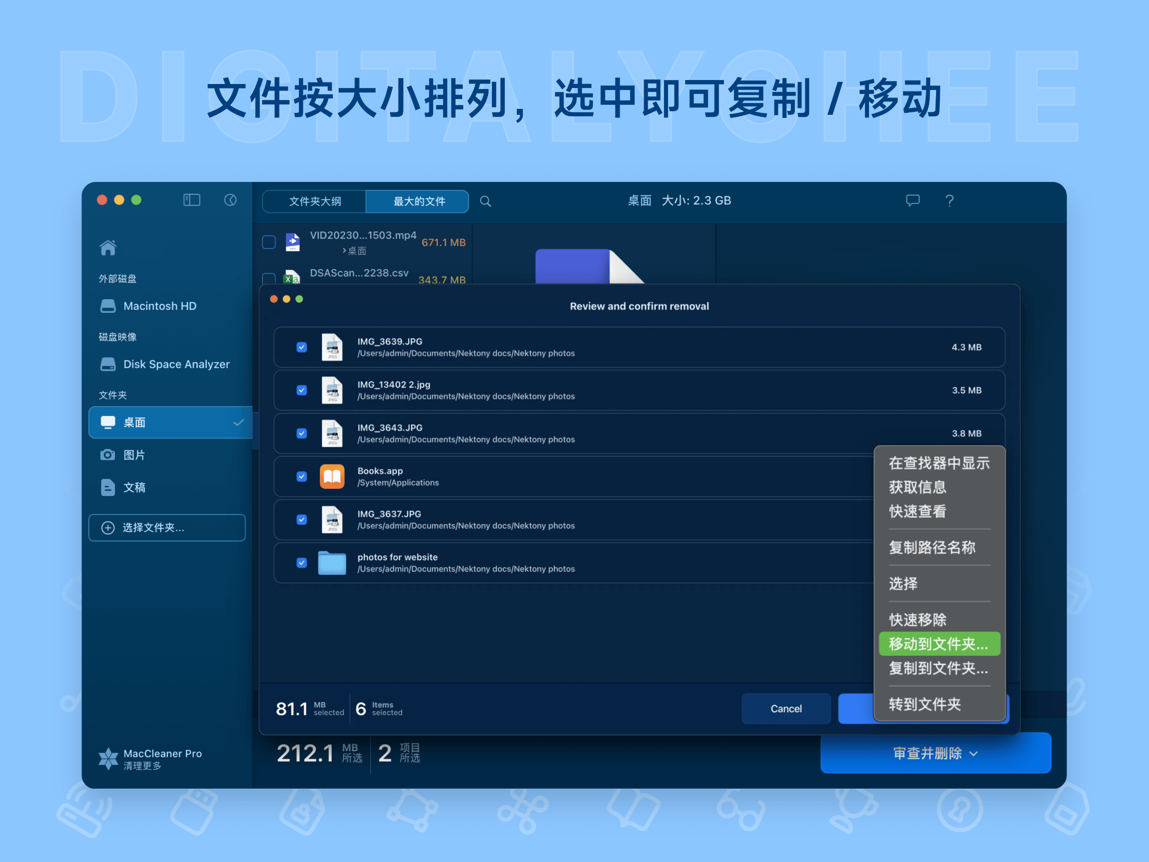 Disk Space Analyzer 5: 文件按大小排列，选中即可复制 / 移动