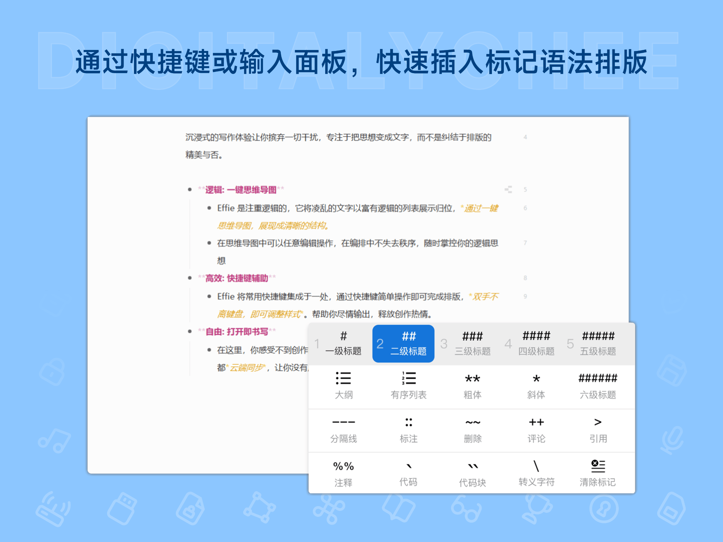 Effie: 通过快捷键或输入面板，快速插入标记语法排版