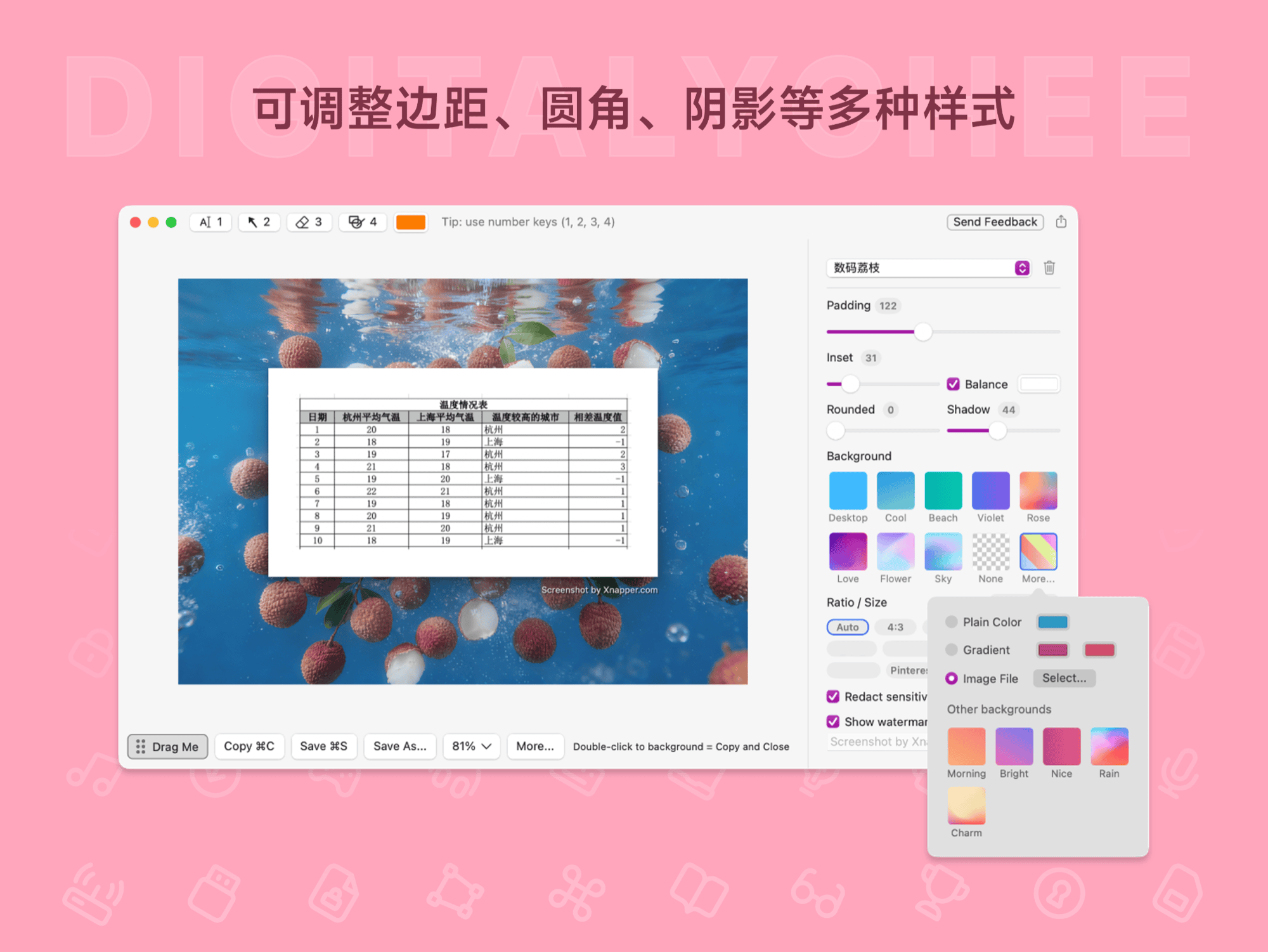 Xnapper: 可调整边距、圆角、阴影等多种样式
