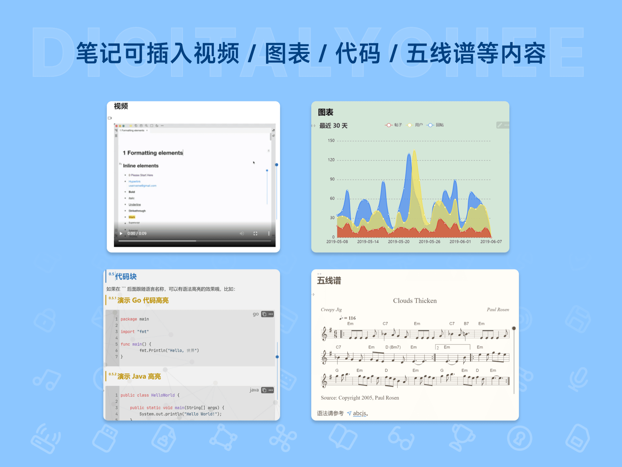 思源笔记: 笔记可插入视频 / 图表 / 代码 / 五线谱等内容
